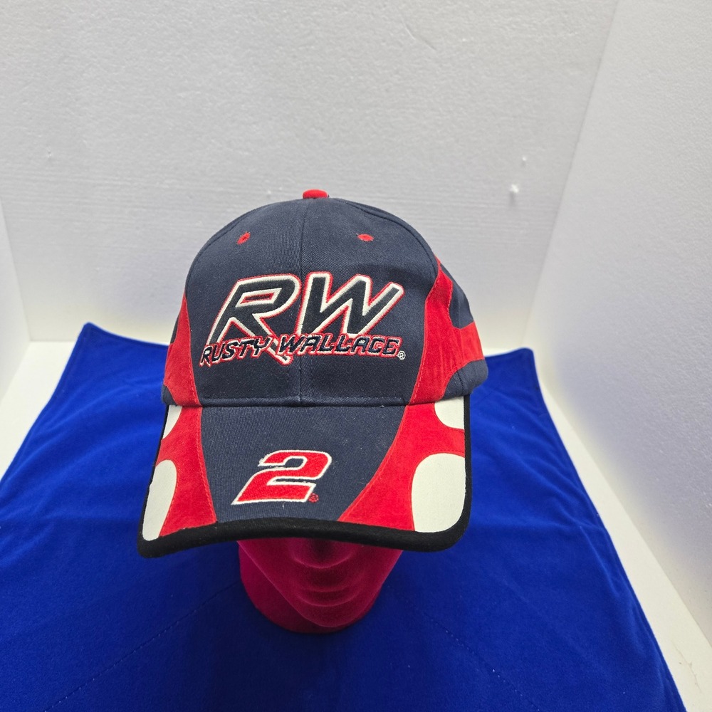 NASCAR Rusty Wallace 2 Hat Navy Red White Embroidered Racing Baseball Cap Mens